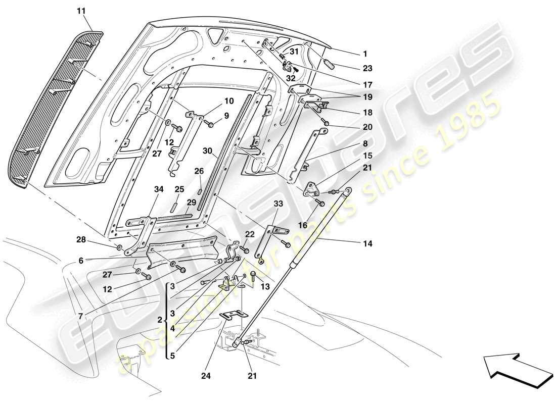 ferrari f430 spider (rhd) diagrama de piezas de la tapa del compartimiento del motor