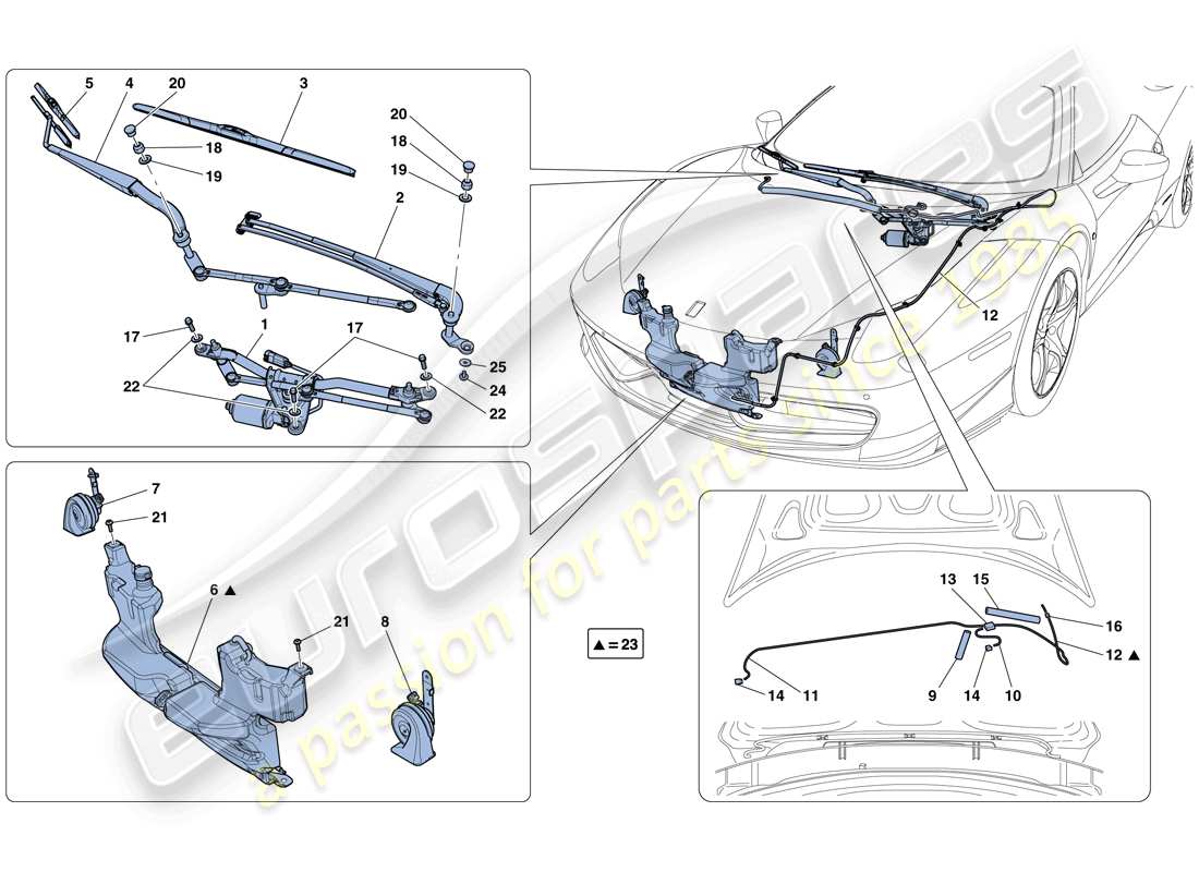 ferrari 458 spider (rhd) limpiaparabrisas, arandela y bocina diagrama de piezas