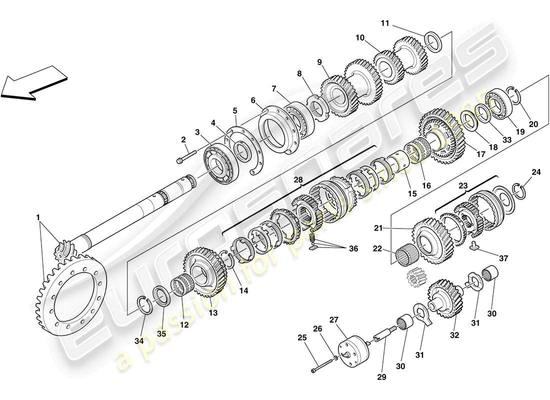 ferrari f430 coupe (europe) diagrama de piezas de engranajes del eje secundario