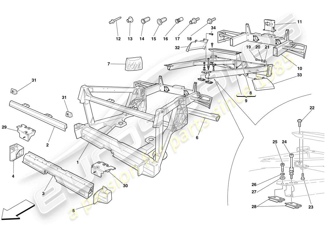 ferrari f430 scuderia (rhd) chasis - estructura, elementos traseros y paneles esquema de piezas