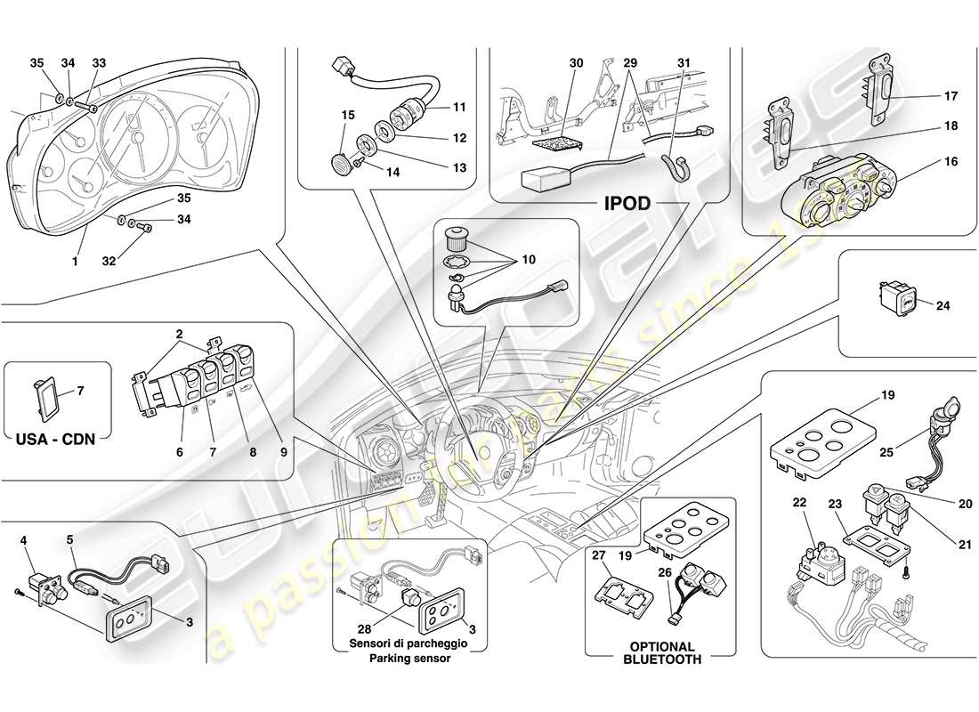 ferrari f430 coupe (rhd) instrumentos del salpicadero y del túnel diagrama de piezas
