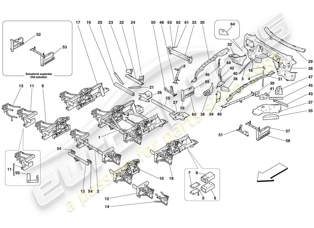ferrari 599 gto (europe) estructuras y elementos delantero del vehículo diagrama de partes