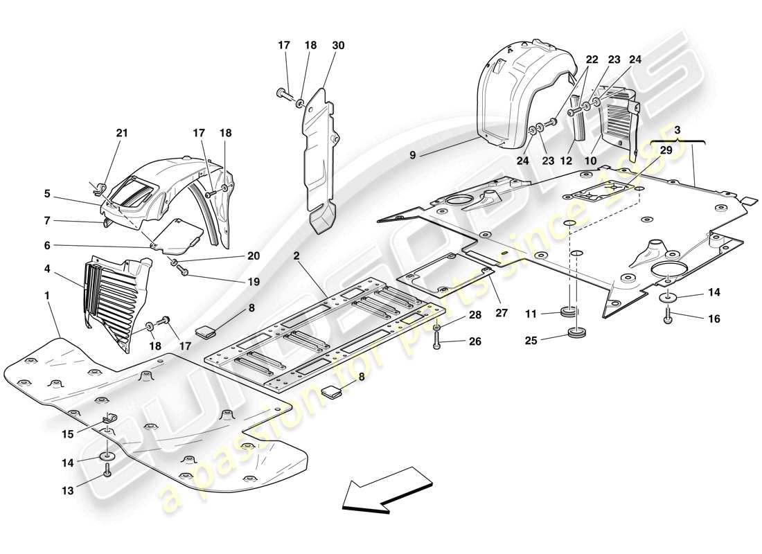 ferrari f430 scuderia (rhd) bandeja inferior plana y ruedas diagrama de piezas