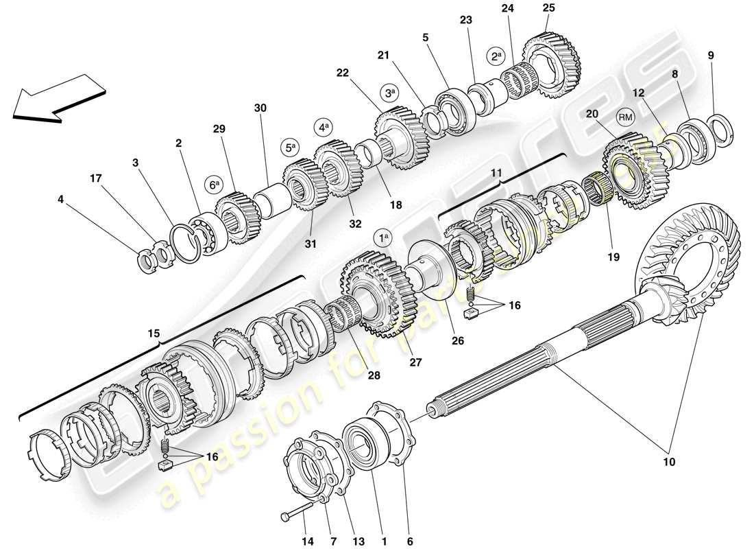 ferrari 599 gto (usa) engranajes del eje de la caja de cambios secundario diagrama de piezas