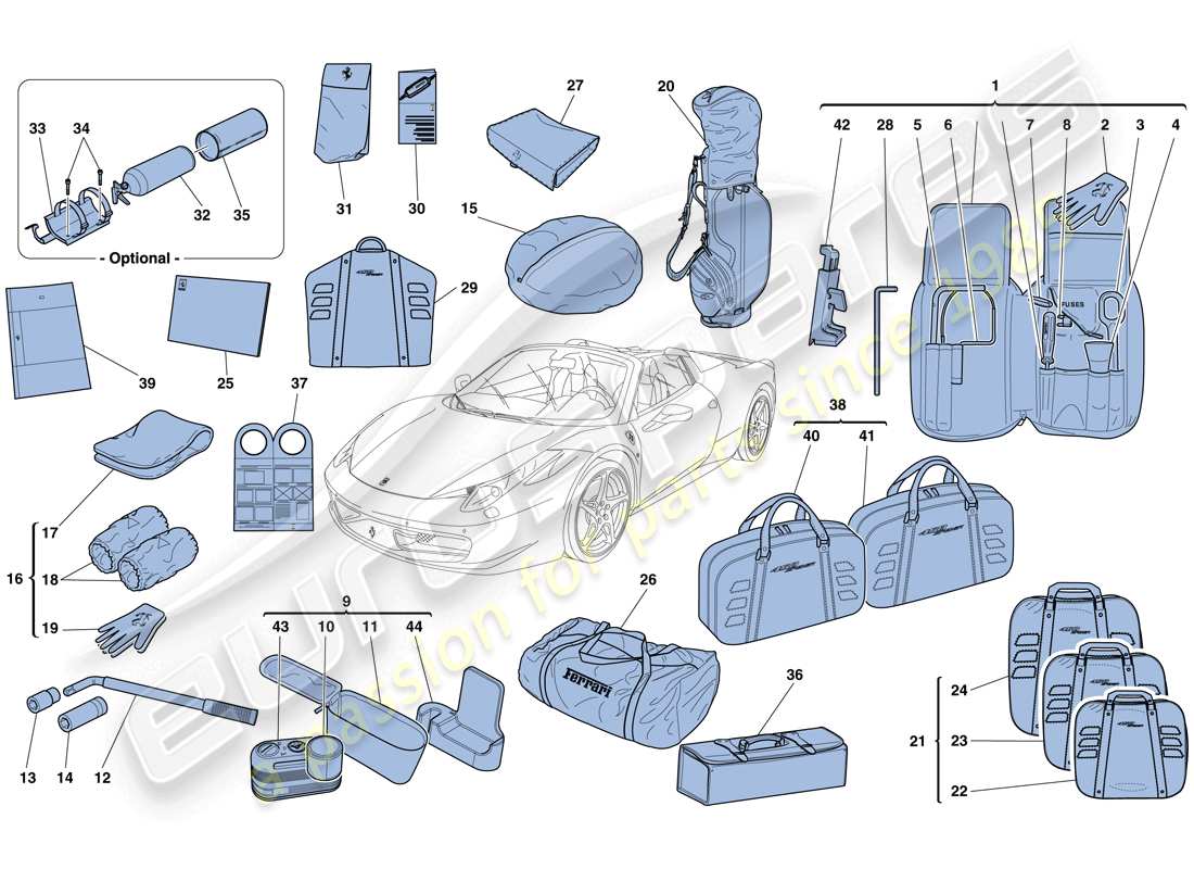 ferrari 458 spider (europe) herramientas y accesorios suministrados con el vehículo diagrama de piezas