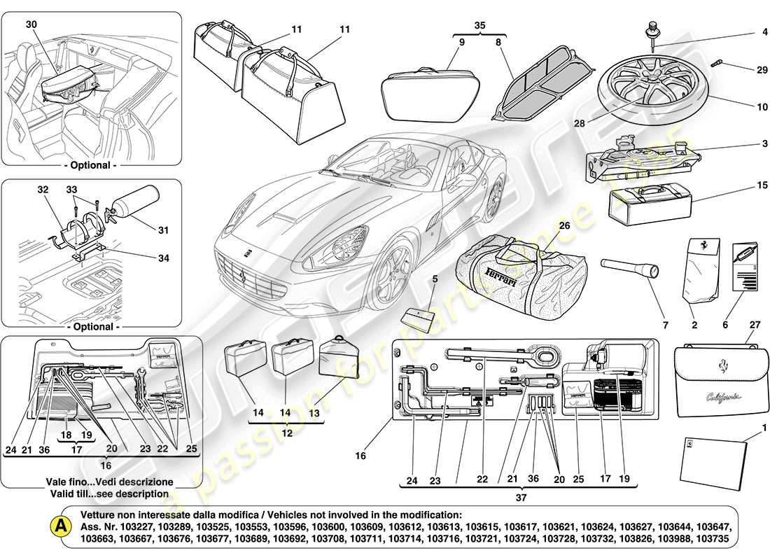 ferrari california (rhd) accesorios estándar diagrama de piezas