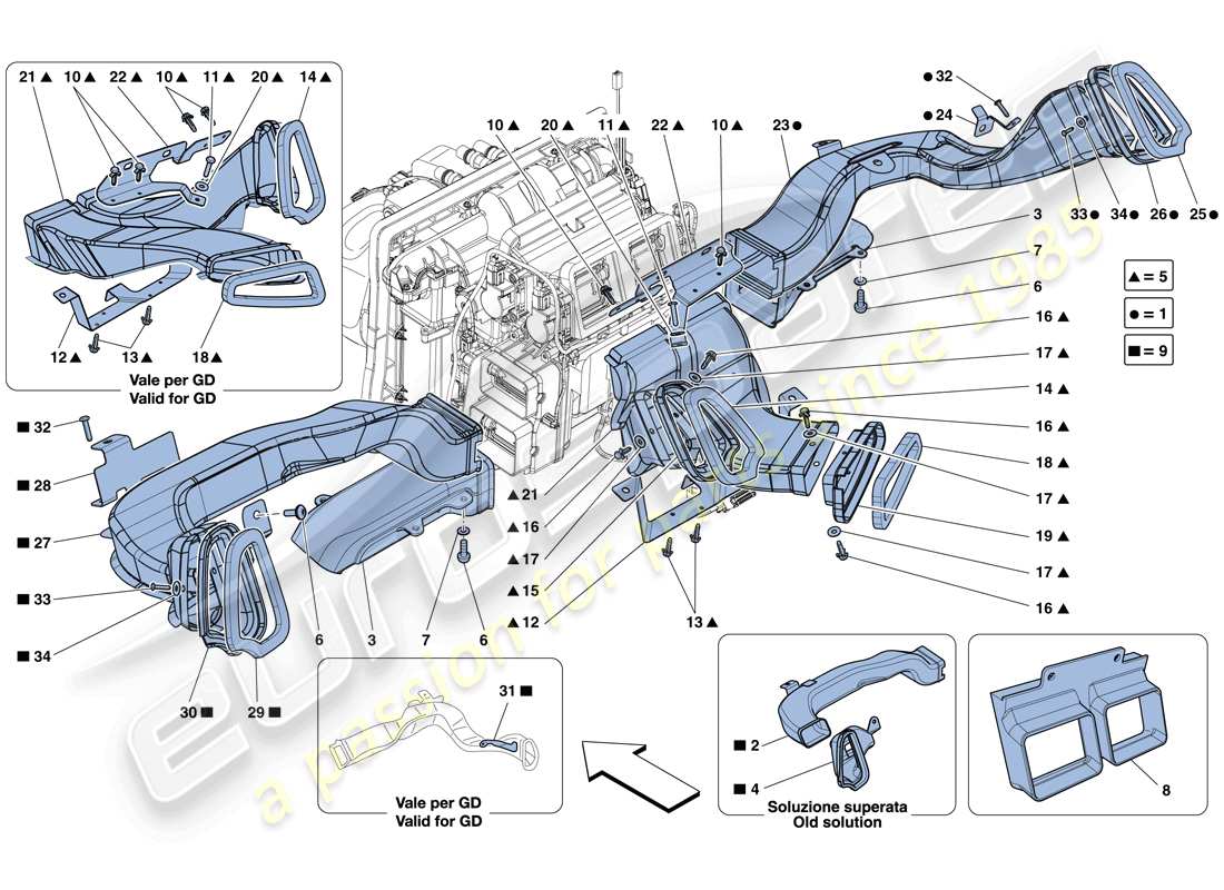 ferrari 458 italia (europe) conductos de aire del tablero diagrama de piezas