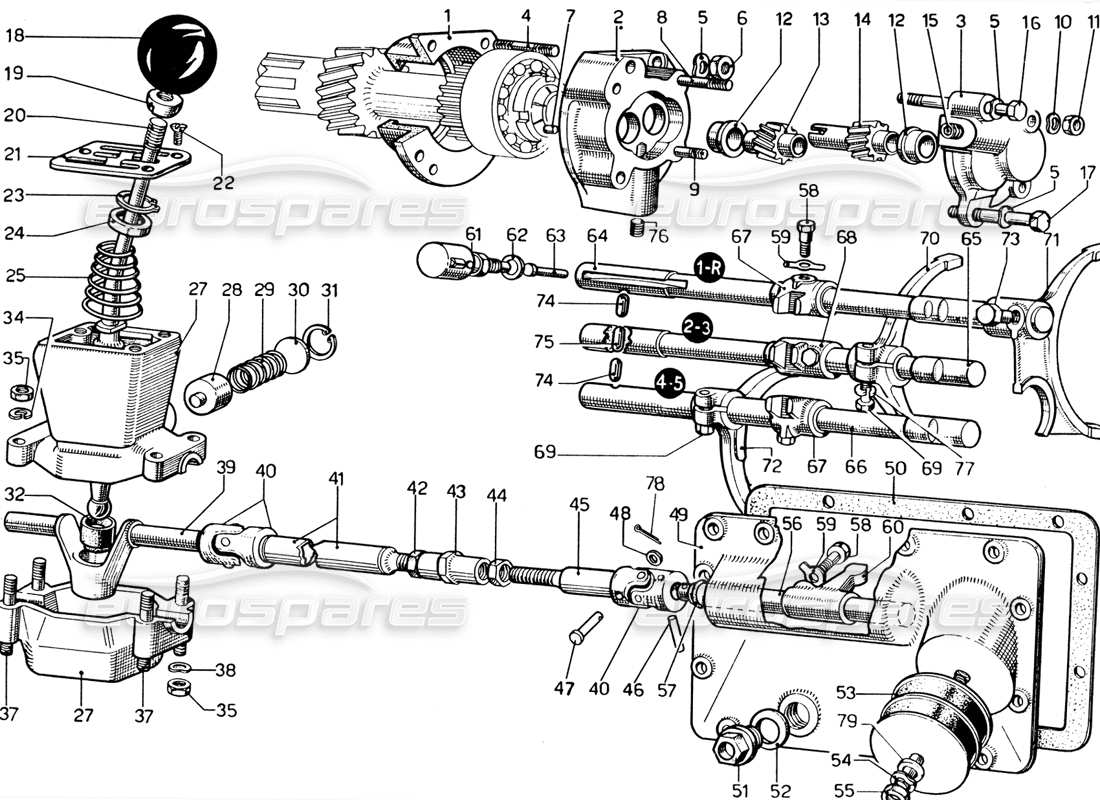 ferrari 365 gtb4 daytona (1969) diagrama de piezas de controles de la caja de cambios y bomba de aceite (1974 revisión)