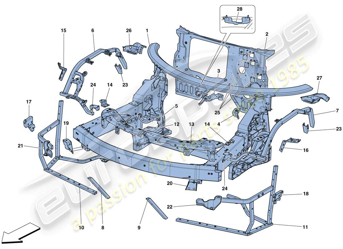 ferrari 488 spider (rhd) chasis - estructura delantera completa y paneles diagrama de piezas