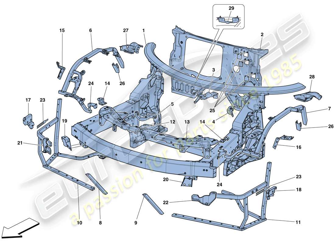 ferrari 488 gtb (usa) chasis - estructura delantera completa y paneles diagrama de piezas