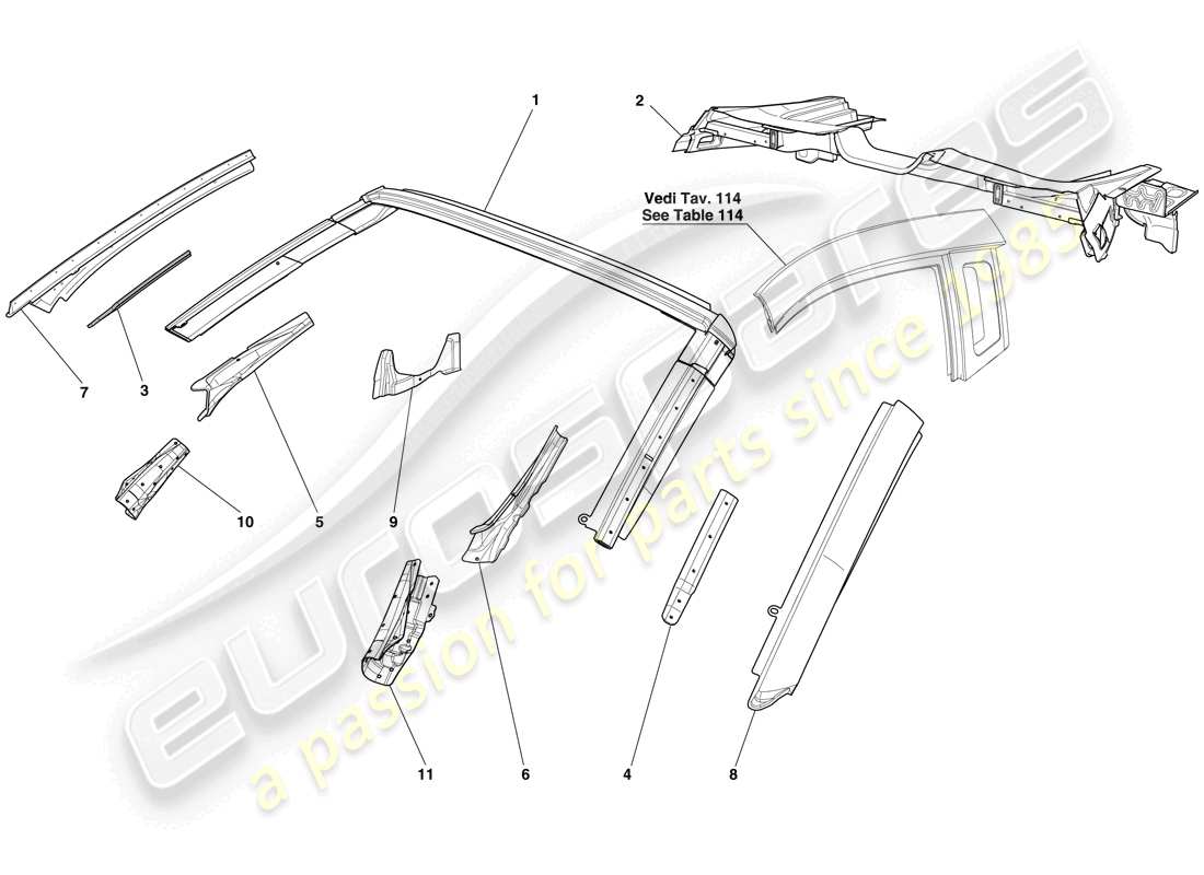 ferrari 599 sa aperta (rhd) carroceria - techo diagrama de piezas
