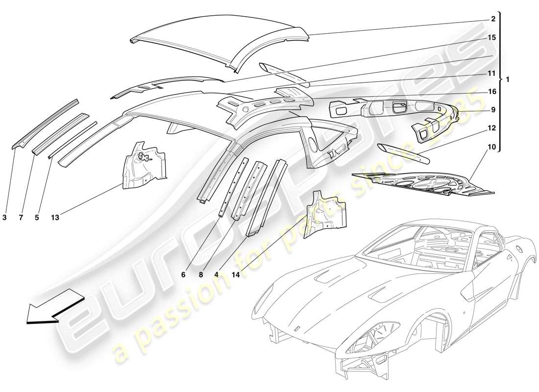 ferrari 599 gtb fiorano (usa) carroceria - techo diagrama de piezas