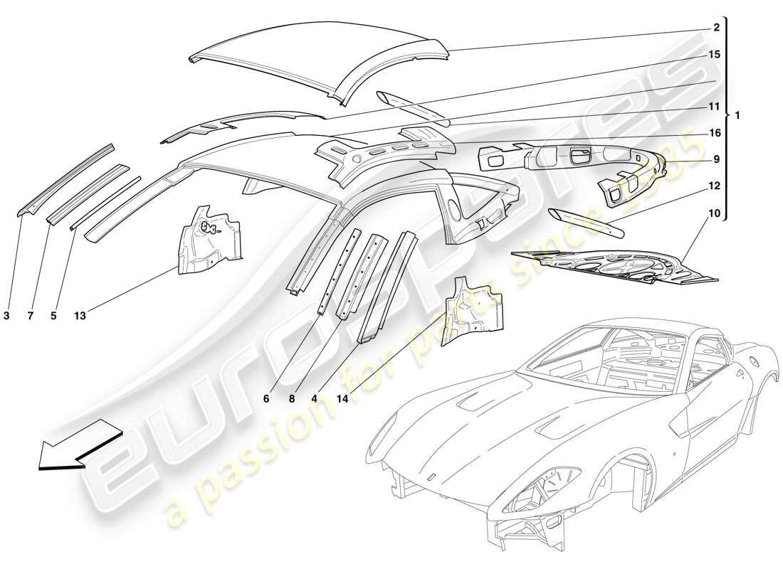 ferrari 599 gtb fiorano (usa) carrocería - diagrama de piezas del techo