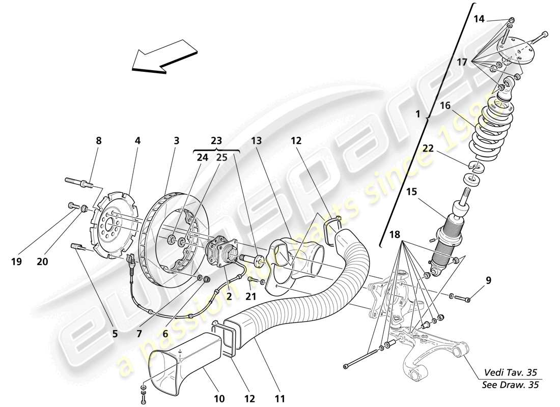 maserati trofeo suspensión delantera - amortiguador y disco de freno diagrama de piezas