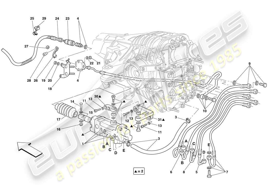 ferrari 599 gto (rhd) f1 control hidráulico del embrague diagrama de piezas