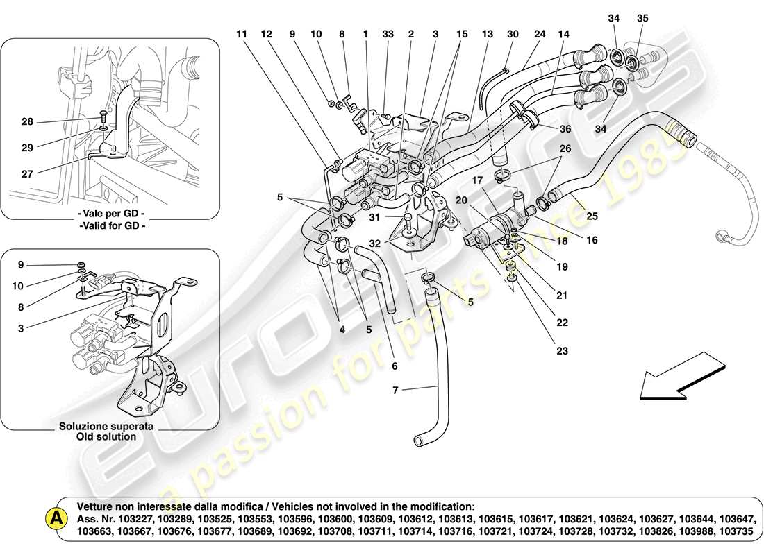 ferrari california (rhd) unidad de ca: componentes en el compartimiento del motor diagrama de piezas