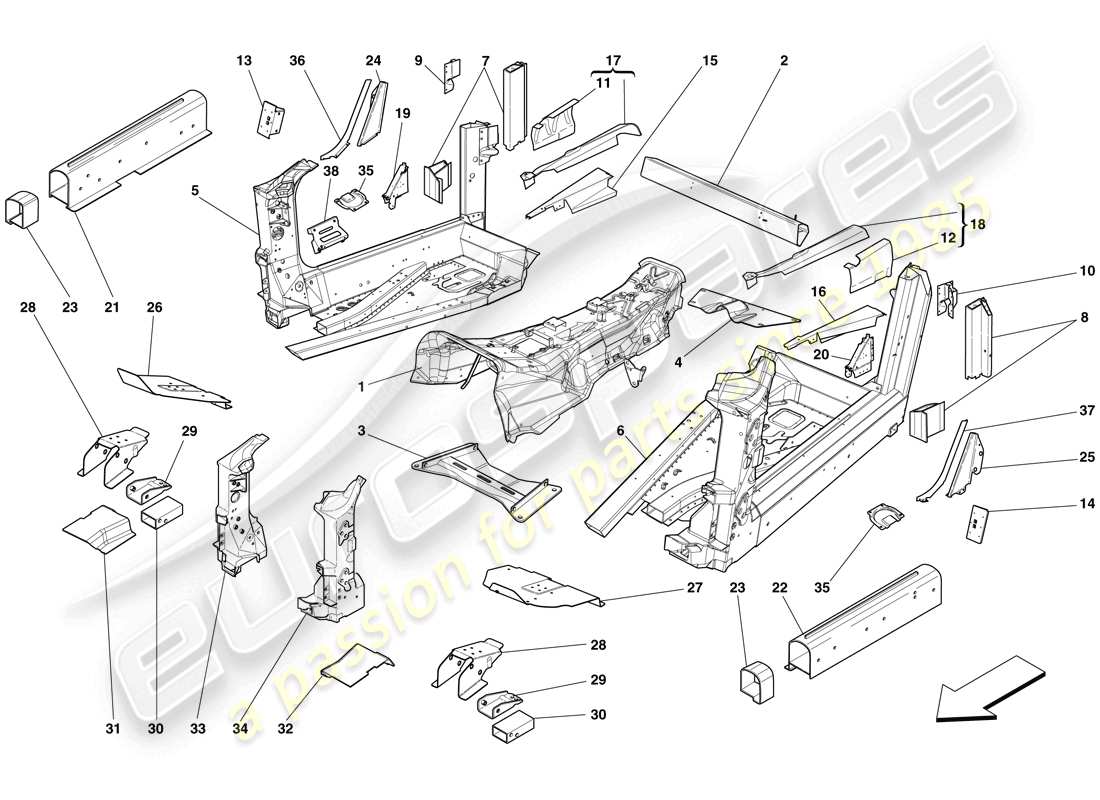 ferrari 599 gto (rhd) estructuras y elementos, centro del vehículo diagrama de piezas