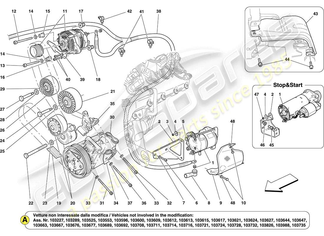 ferrari california (rhd) diagrama de piezas del alternador, motor de arranque y compresor de ca