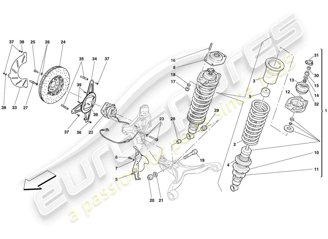 ferrari 599 gto (europe) suspensión delantera - amortiguador y disco de freno diagrama de piezas