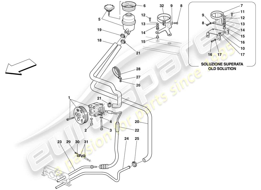 ferrari f430 spider (rhd) diagrama de piezas de la bomba de dirección asistida y depósito