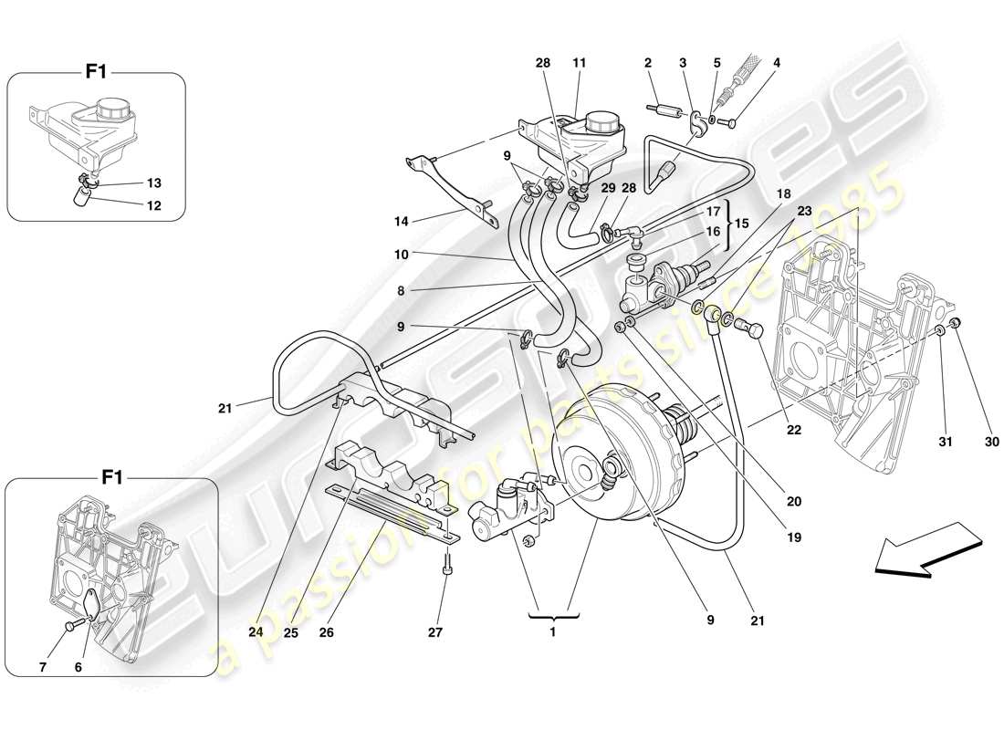 ferrari f430 spider (rhd) controles de freno y embrague hidráulicos diagrama de piezas