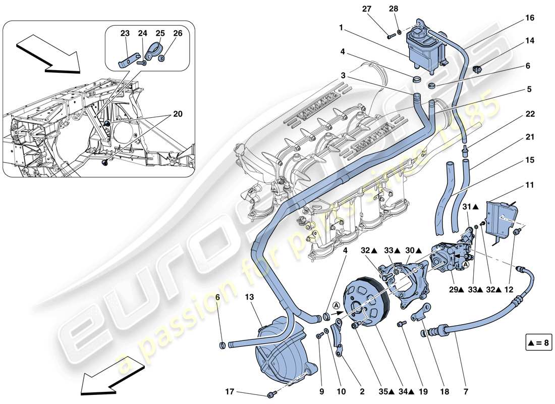 ferrari 458 speciale (rhd) diagrama de piezas de la bomba de dirección asistida y depósito