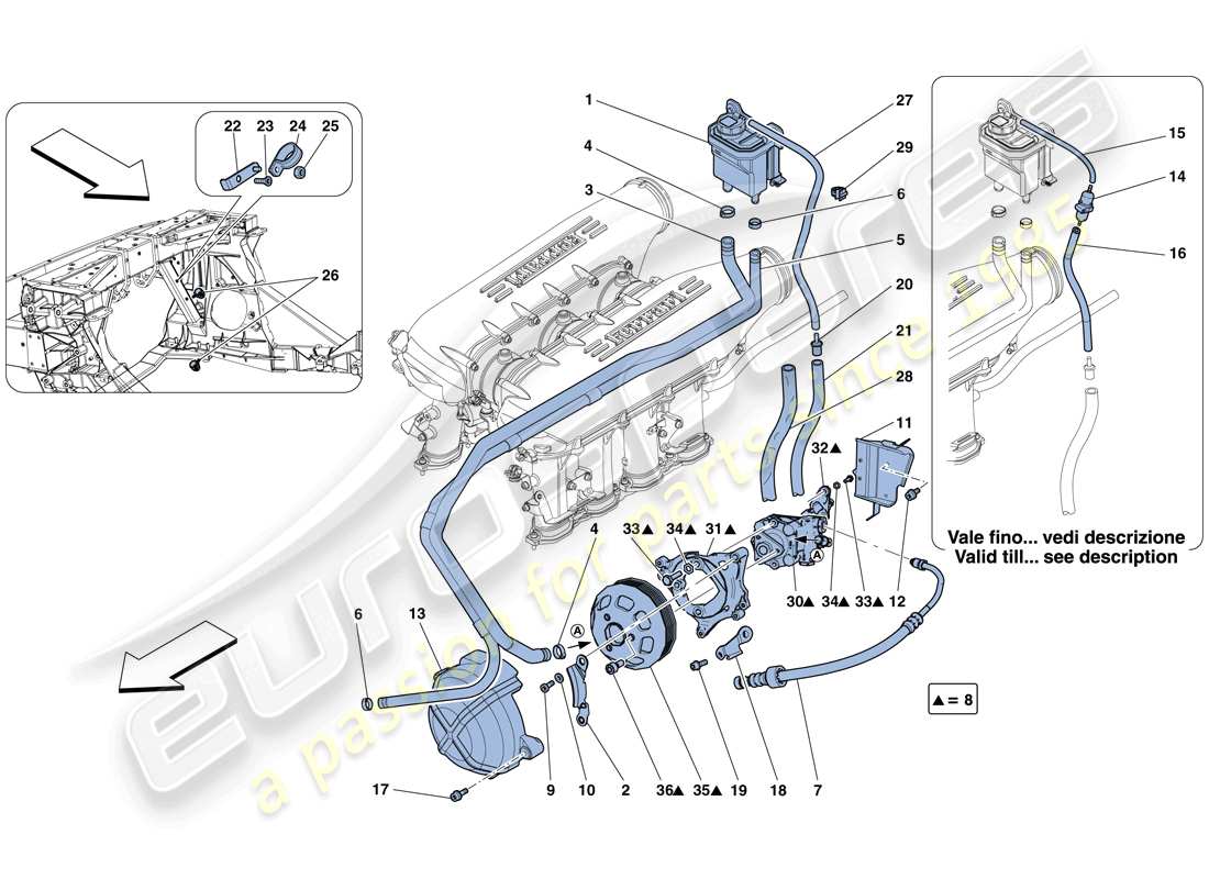 ferrari 458 spider (rhd) diagrama de piezas de la bomba de dirección asistida y depósito
