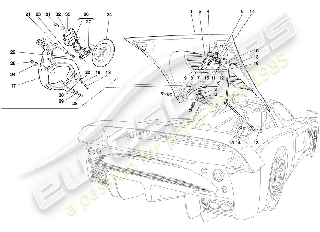maserati mc12 capó del motor y puerta de gas diagrama de piezas