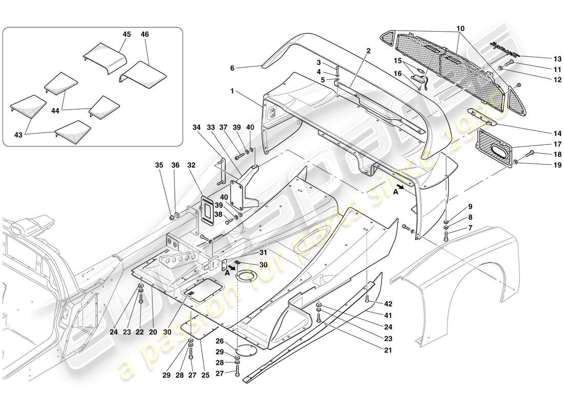maserati mc12 parachoques trasero y panel de suelo plano diagrama de piezas