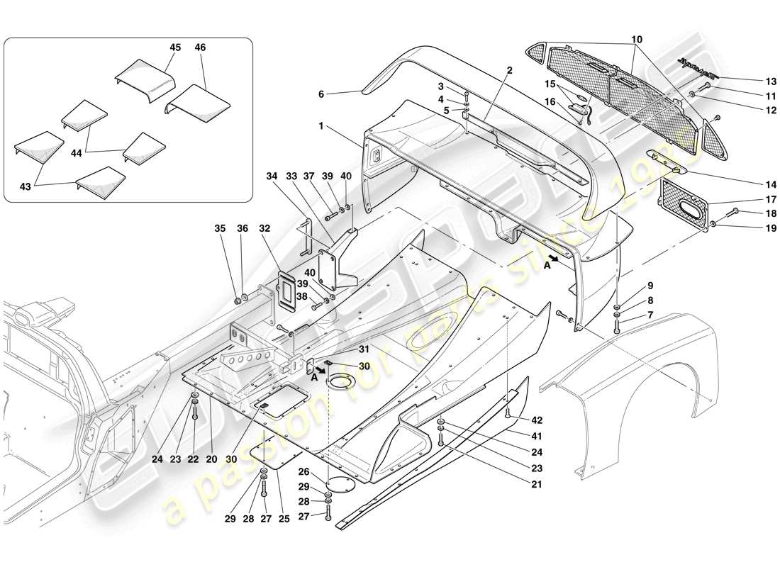 maserati mc12 diagrama de piezas del parachoques trasero y del piso plano