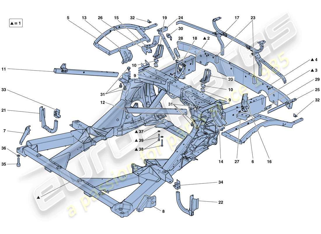 ferrari 488 gtb (europe) chasis - estructura, elementos traseros y paneles esquema de piezas
