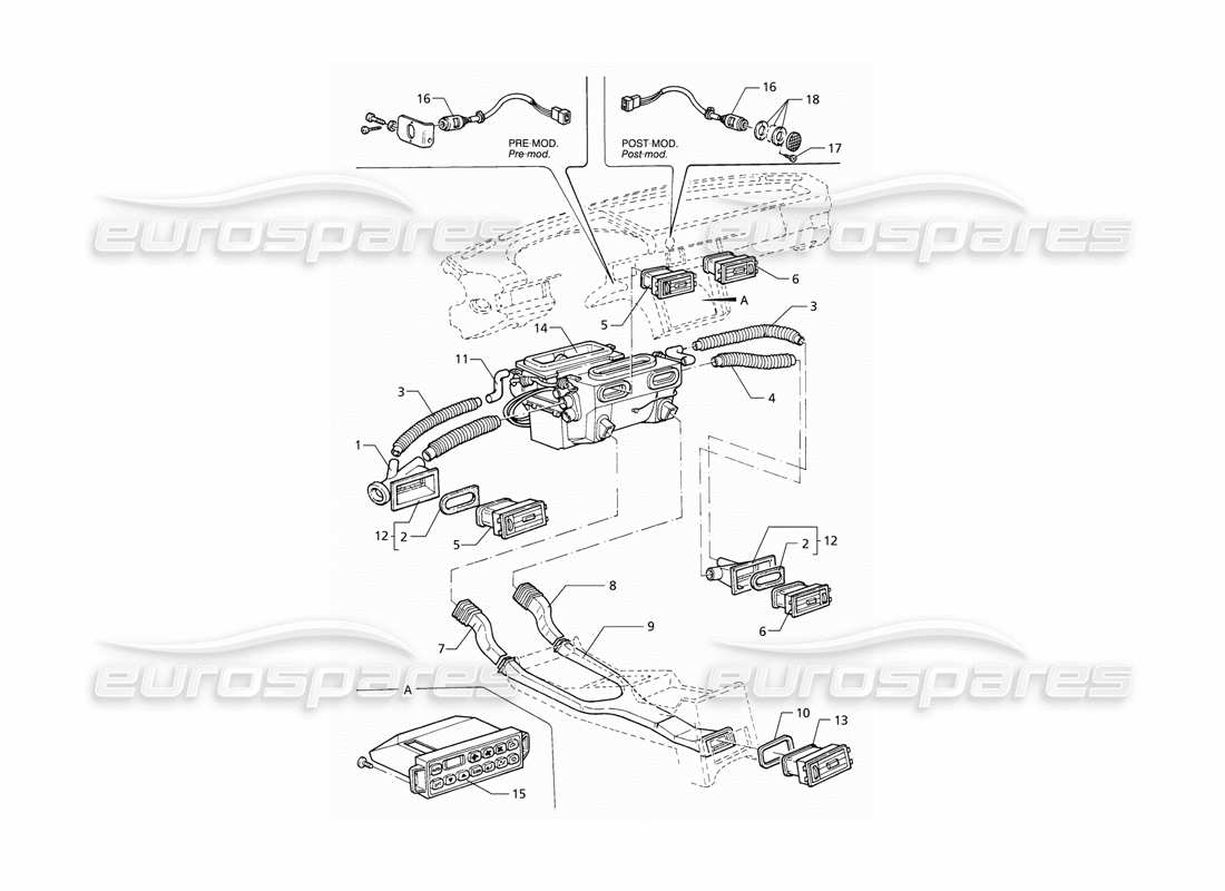 maserati qtp v8 (1998) ventilación del compartimiento de pasajeros (lhd) diagrama de piezas