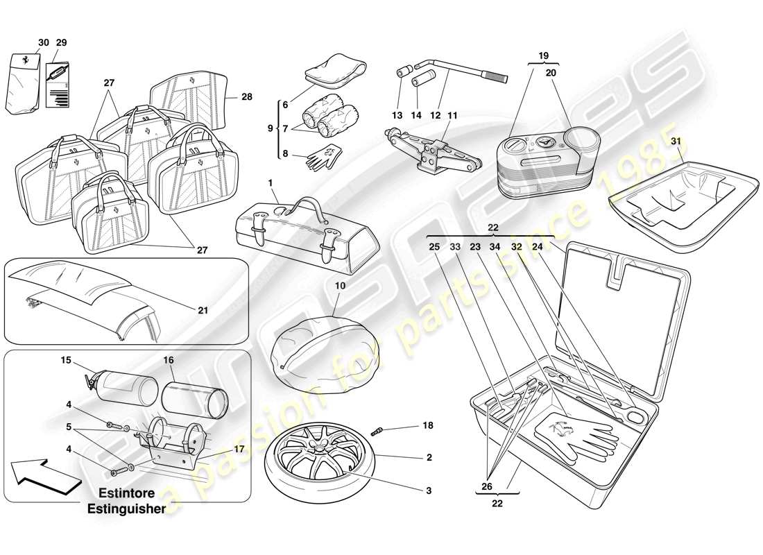 ferrari 599 sa aperta (rhd) diagrama de piezas del kit de herramientas