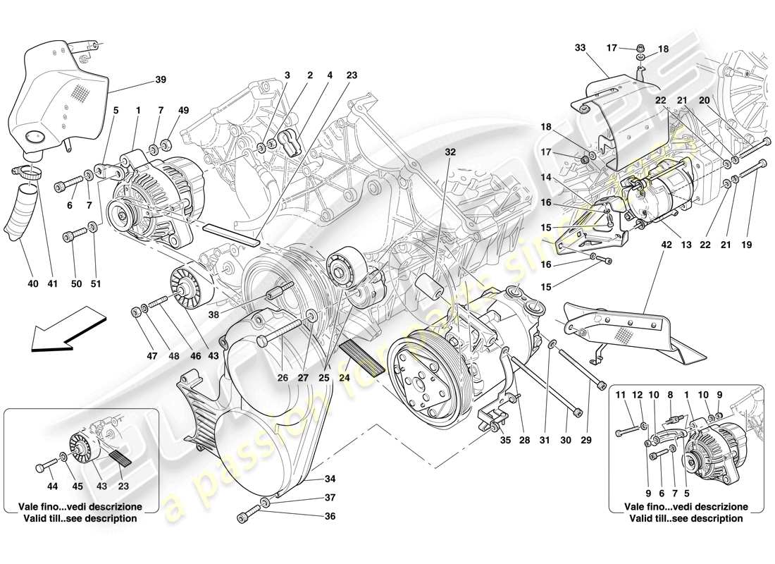 ferrari 599 gtb fiorano (usa) diagrama de piezas del alternador, motor de arranque y compresor de ca