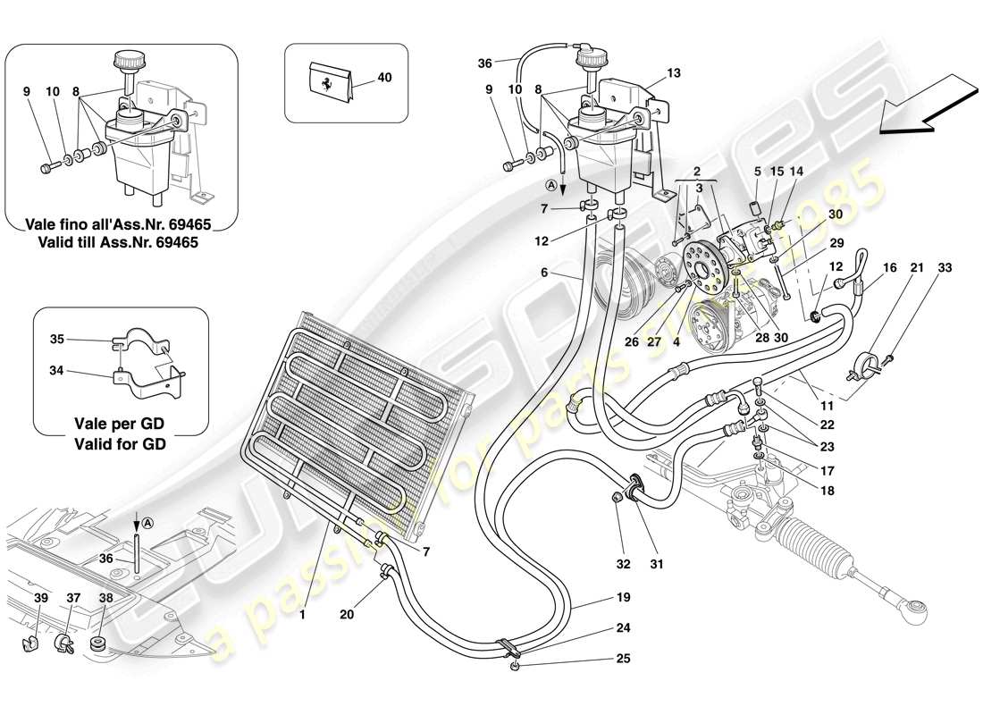 ferrari 599 gtb fiorano (europe) depósito de fluido hidráulico, bomba y bobina para sistema de dirección asistida diagrama de piezas