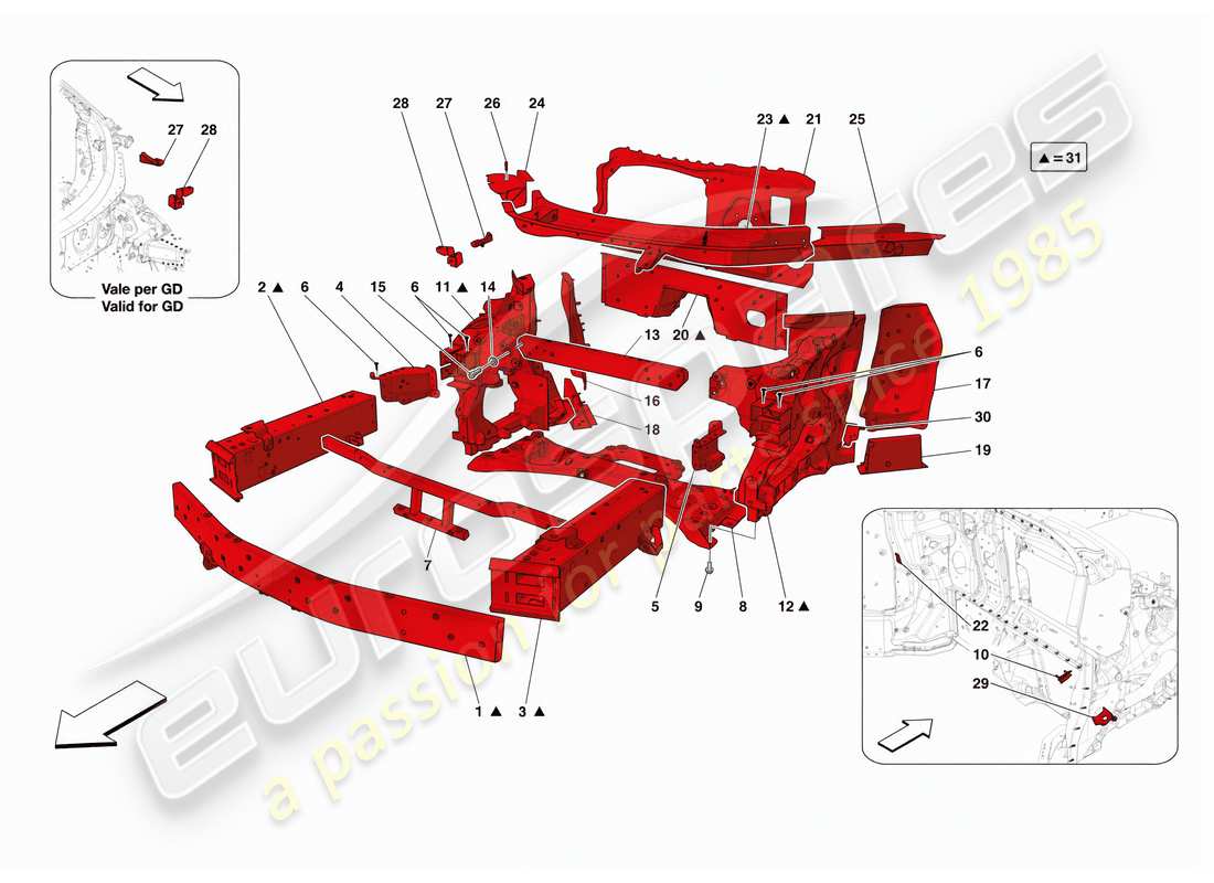 ferrari sf90 stradale estructuras y elementos delantero del vehículo diagrama de piezas