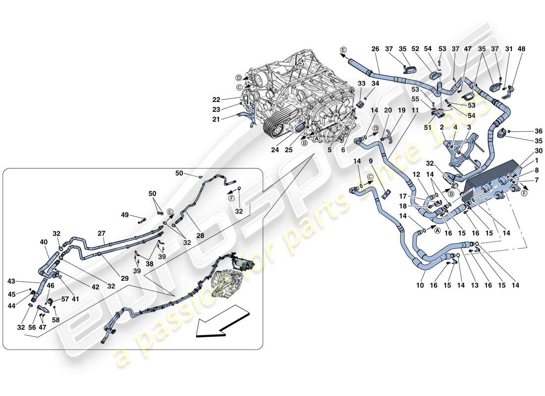 ferrari f12 tdf (usa) sistema de enfriamiento y lubricación del aceite de la caja de cambios diagrama de piezas