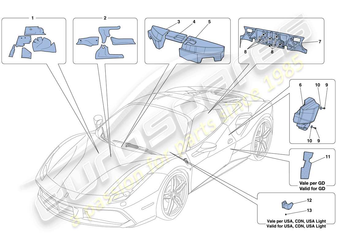 ferrari 488 spider (rhd) aislamiento diagrama de piezas