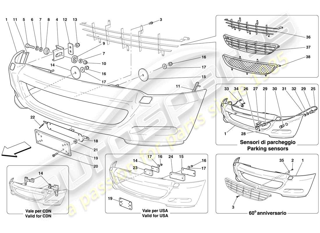 ferrari 612 scaglietti (usa) diagrama de piezas del parachoques delantero