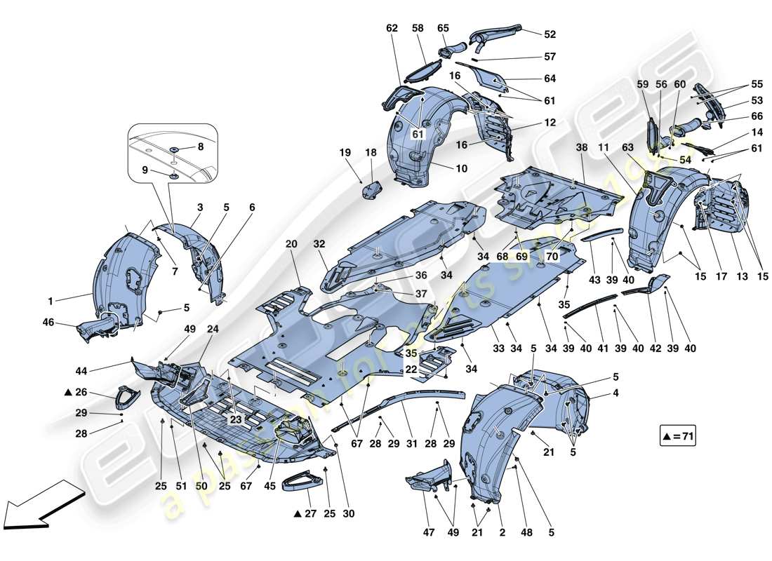 ferrari 812 superfast (usa) plato inferior plano y ruedas diagrama de piezas