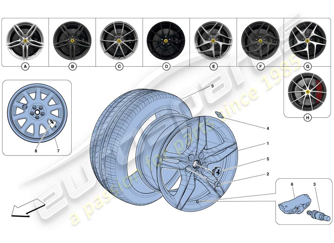 ferrari 812 superfast (rhd) diagrama de piezas de ruedas