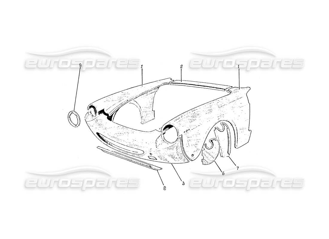 ferrari 365 gtc (coachwork) diagrama de piezas de los paneles frontales (edizione 1 y 2)