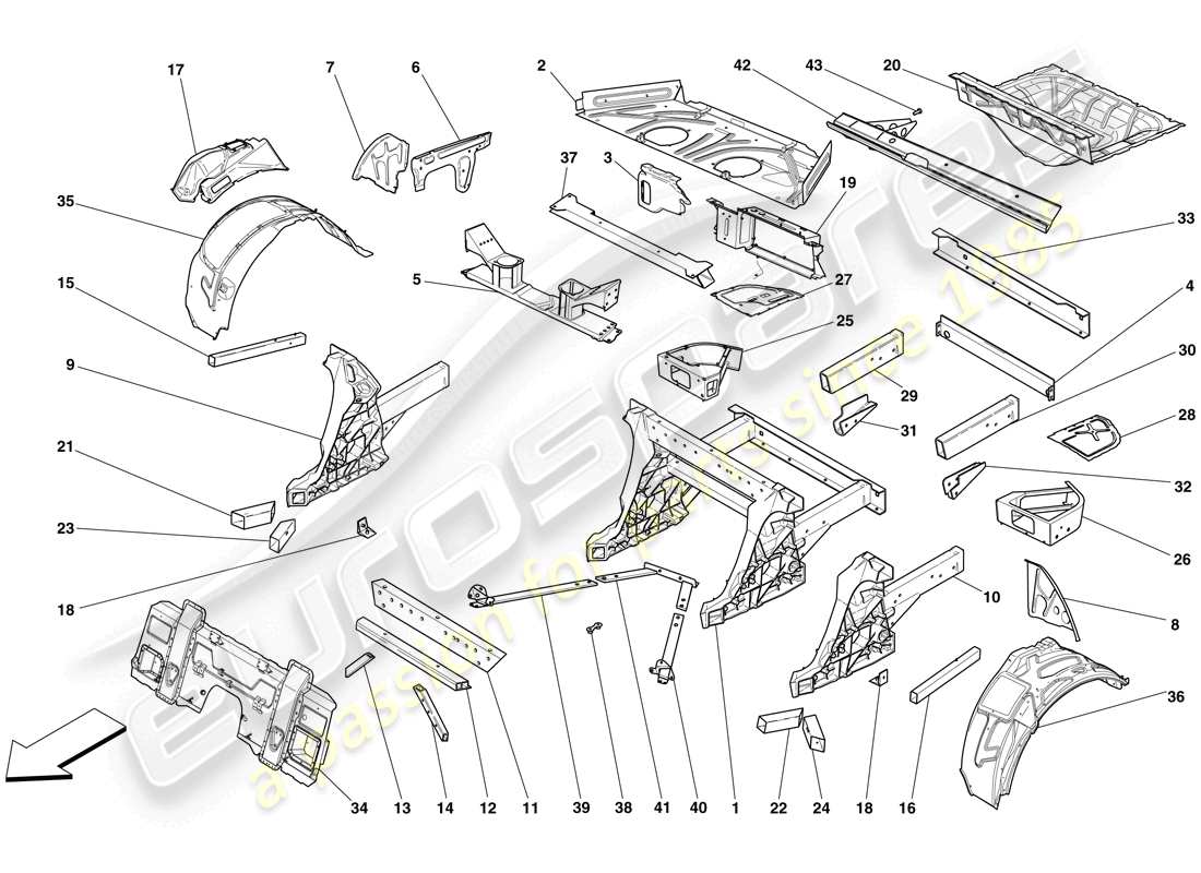 ferrari 599 sa aperta (rhd) estructuras y elementos trasero del vehículo esquema de piezas