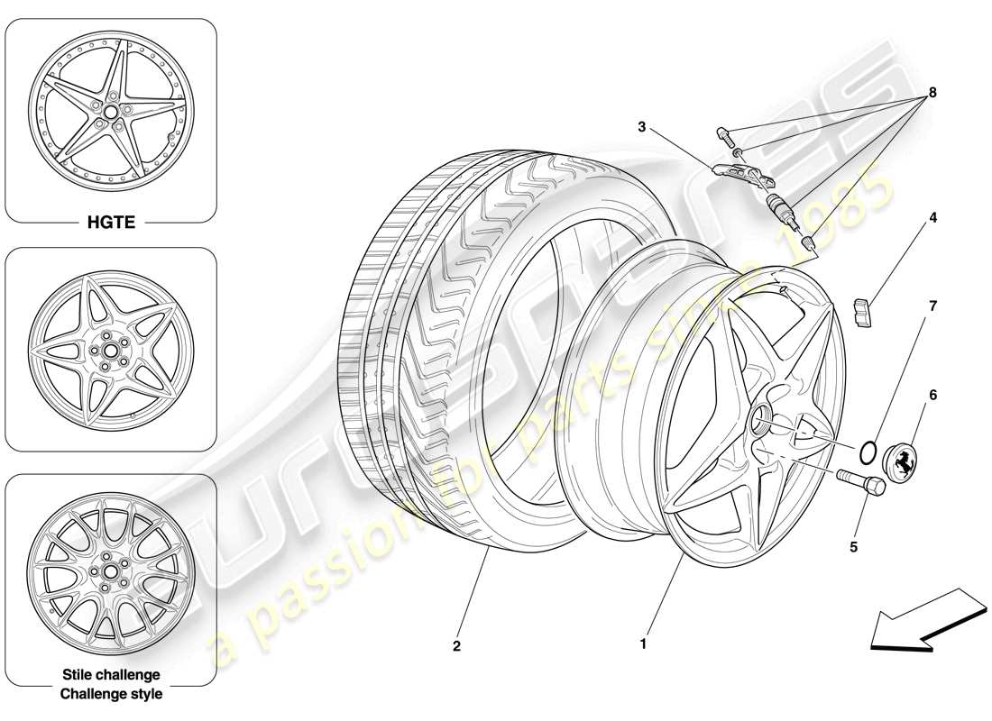 ferrari 599 gtb fiorano (rhd) ruedas diagrama de piezas