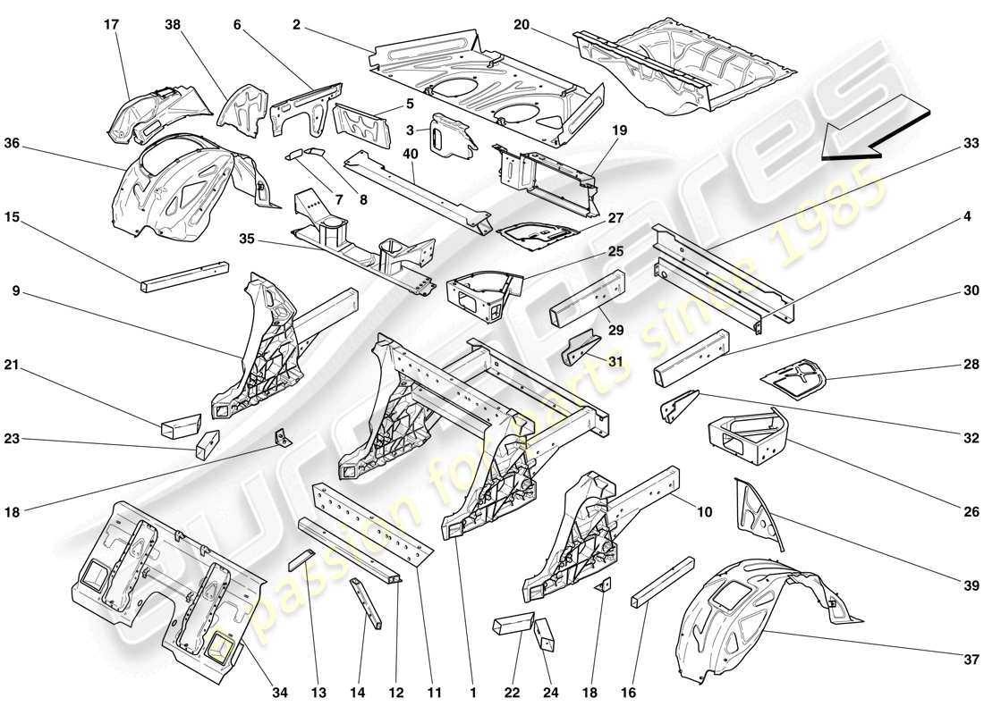 ferrari 599 gtb fiorano (usa) estructuras y elementos trasero del vehículo esquema de piezas