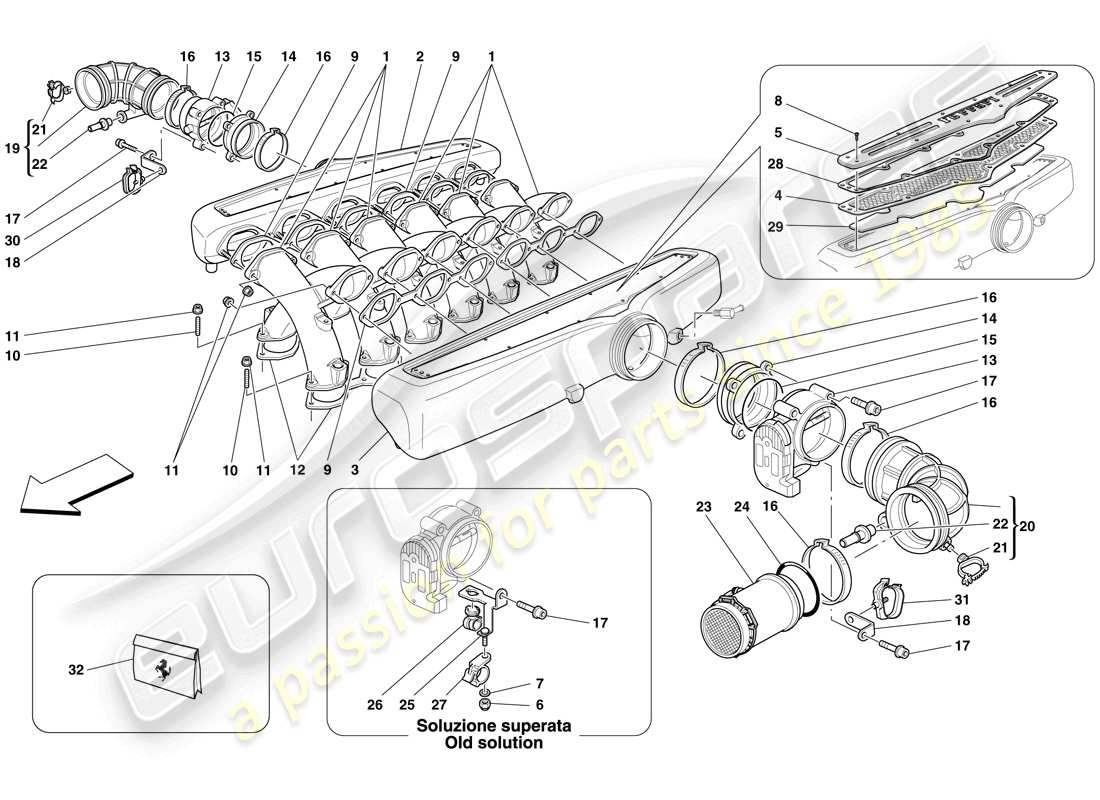 ferrari 599 gtb fiorano (usa) diagrama de piezas del colector de admisión