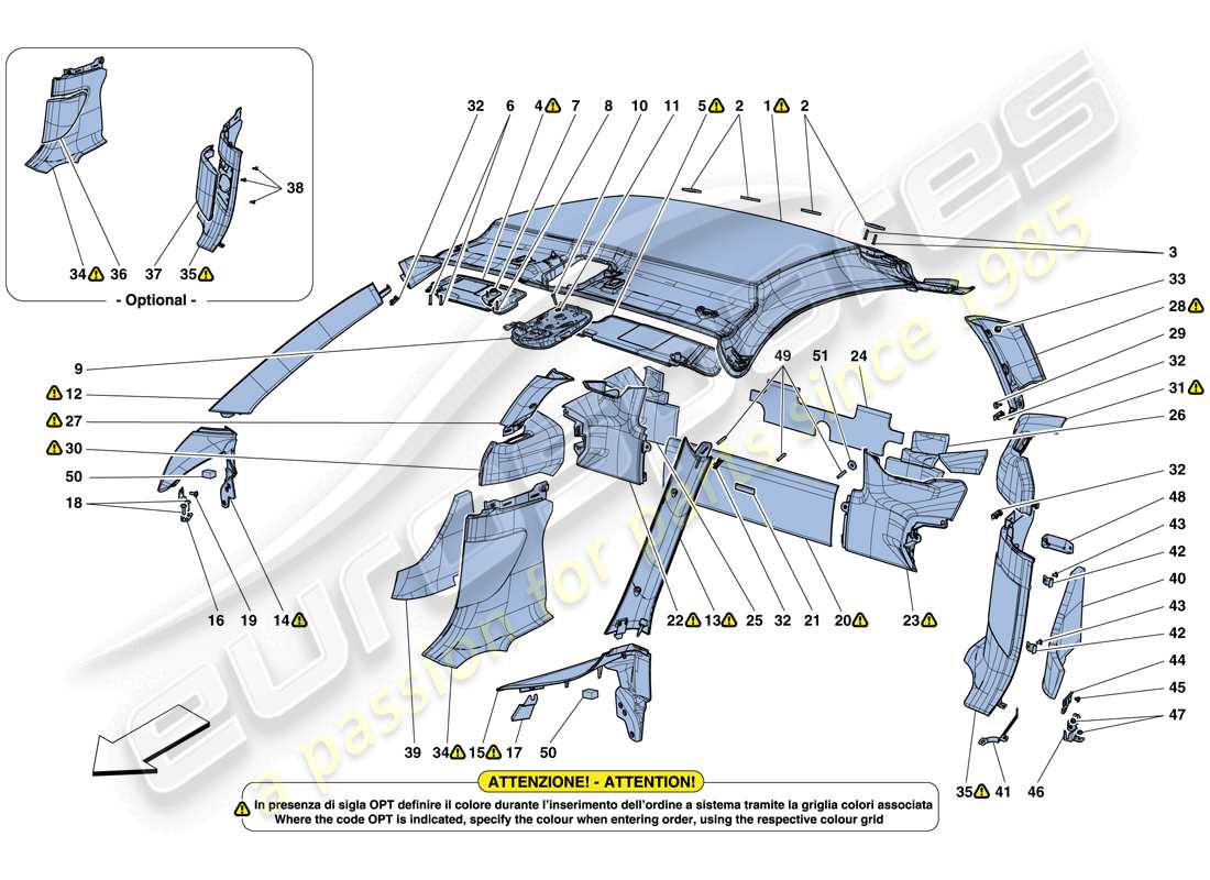 ferrari 488 gtb (europe) accesorios y acabados del techo diagrama de piezas