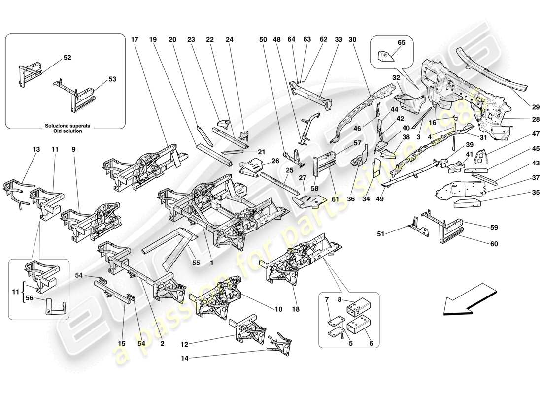 ferrari 599 sa aperta (rhd) estructuras y elementos delantero del vehículo diagrama de partes