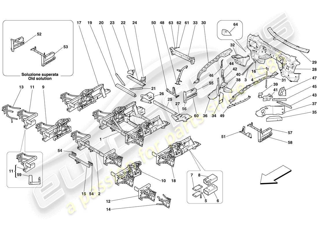 ferrari 599 gtb fiorano (usa) estructuras y elementos delantero del vehículo diagrama de partes