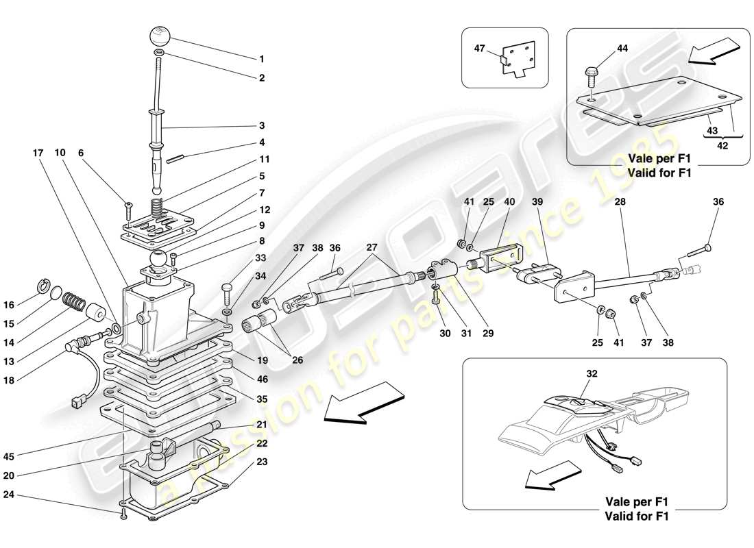 ferrari 599 gtb fiorano (usa) controles externos de la caja de cambios diagrama de piezas